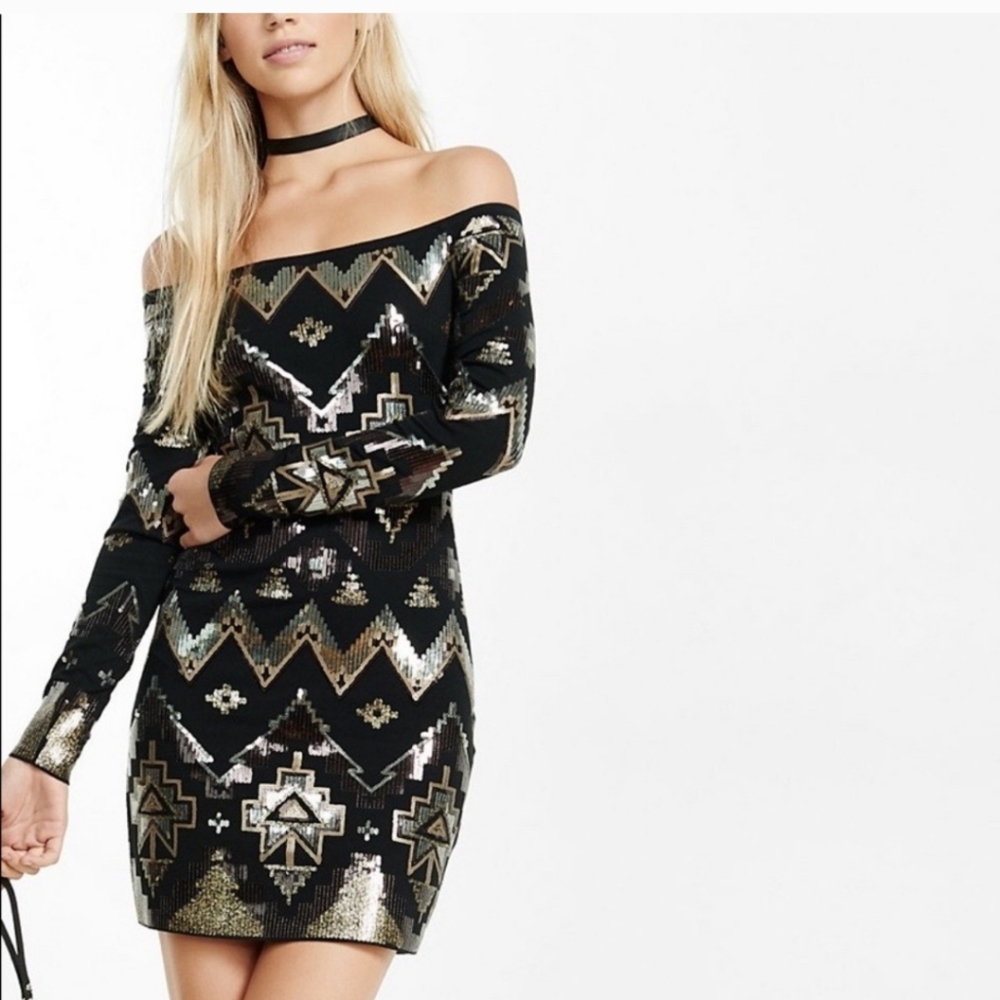 Express Size Medium Metallic Gold Bronze Silver Aztec Sequin Off Shoulder Dress